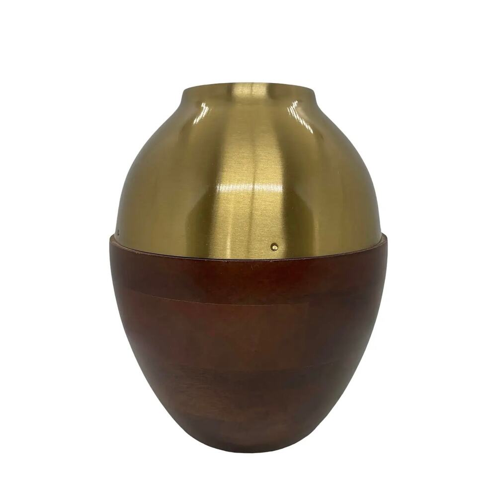 Mid 20th Century Style Hand-Turned Teak Wood and Brass Round Vase